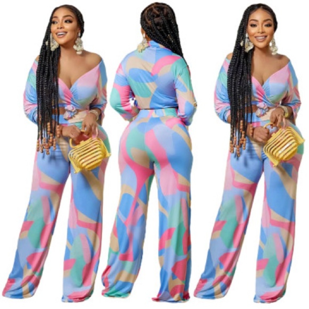 Amazon Multicolor Abstract Women's Two-Piece Wide Leg Pantsuit